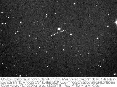 Snímek pohybu planetky 1999 KW4. Foto: Observatoř Kleť